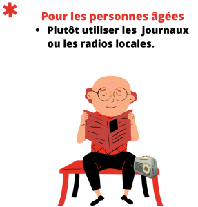 Texte : Pour les personnes âgées plutot utiliser les journeaux ou les radios locales. Illustration Personne âgée lit son journal sur un banc pendant qu'il écoute la radio sur un banc.